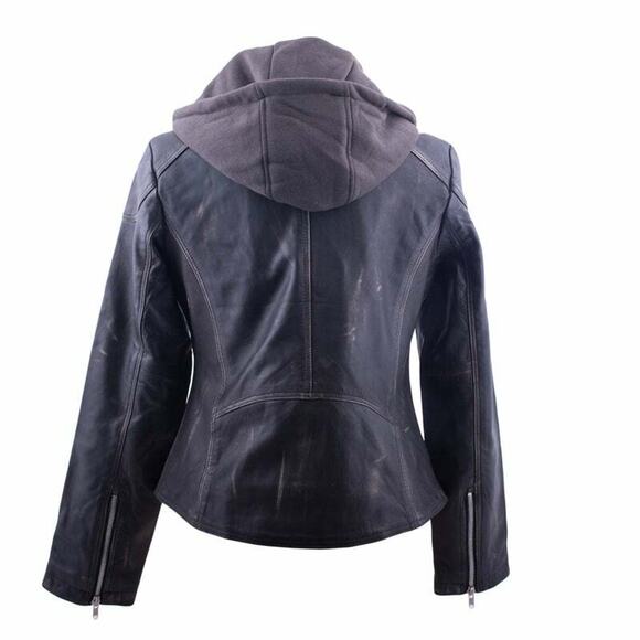 Distressed Biker Black Leather Jacket w/ Hoody Silver Studed Zippered Chrissie - Picture 6 of 8